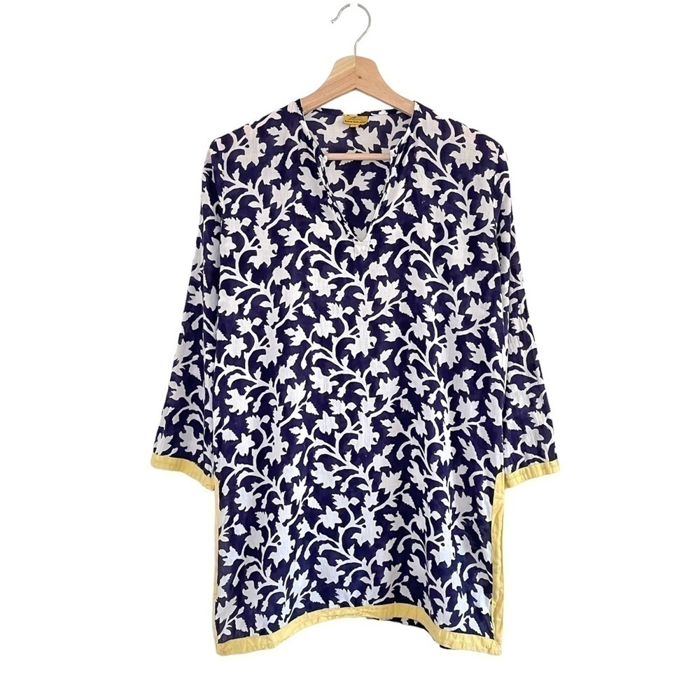 Roberta Roller Rabbit Cotton Kurta Tunic Boho Blouse Blue White Floral Small